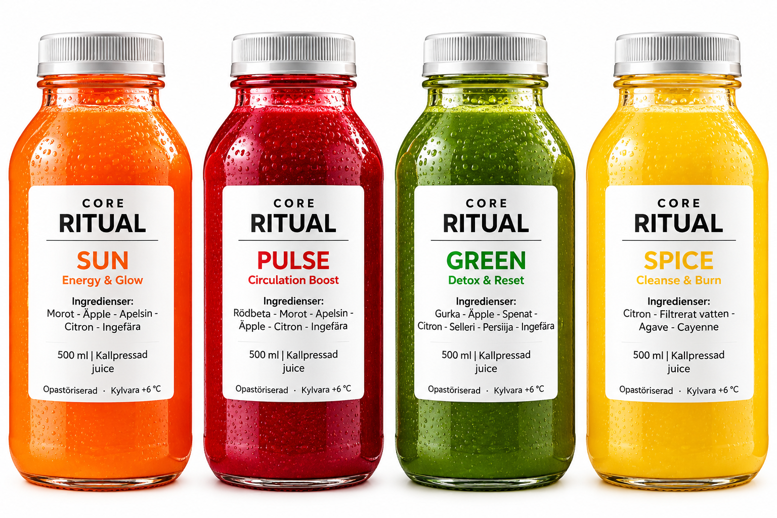 Colorful smoothies in glass bottles isolated on white background, top view.